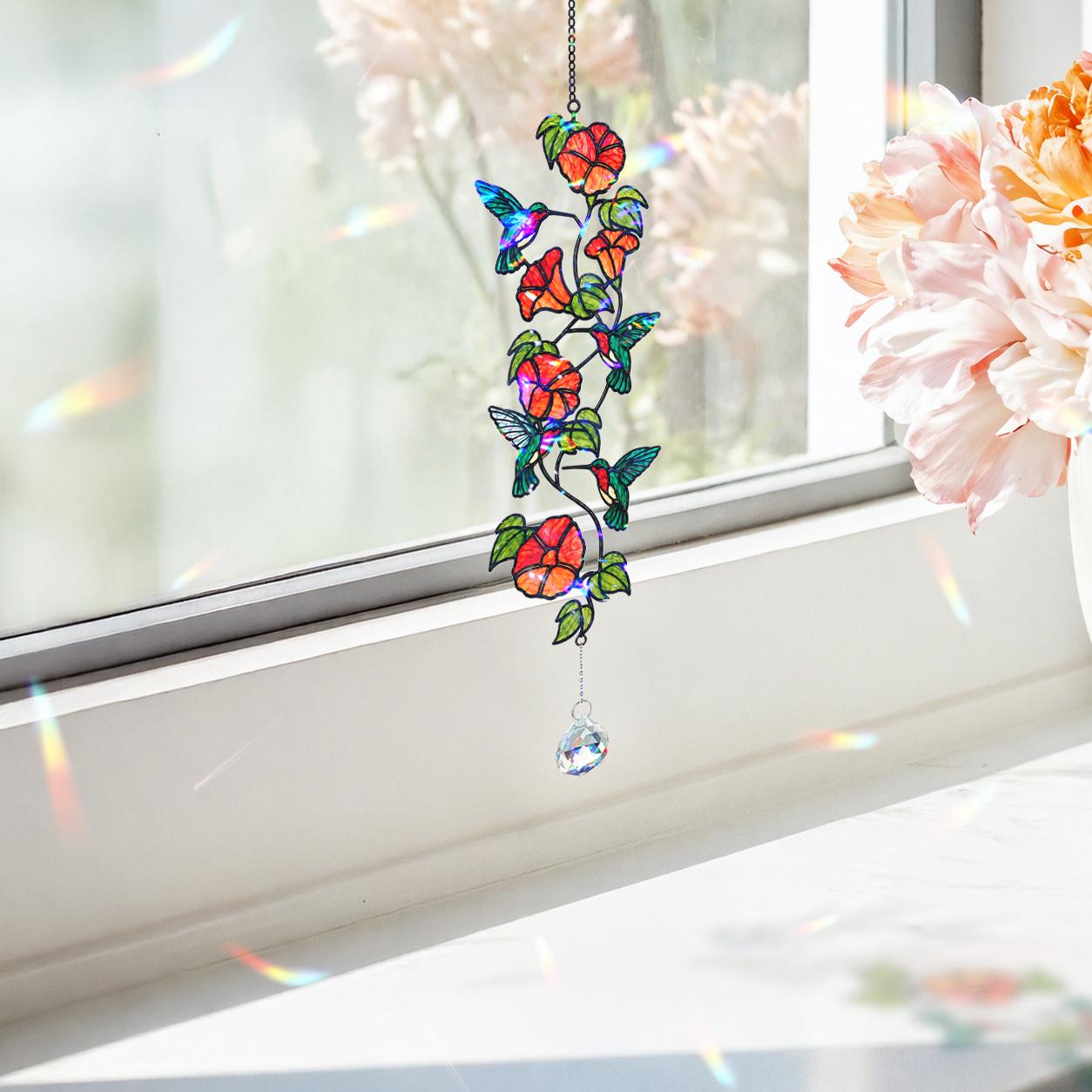 Hummingbird Blooming Vine Holographic Acrylic Suncatcher with Charm