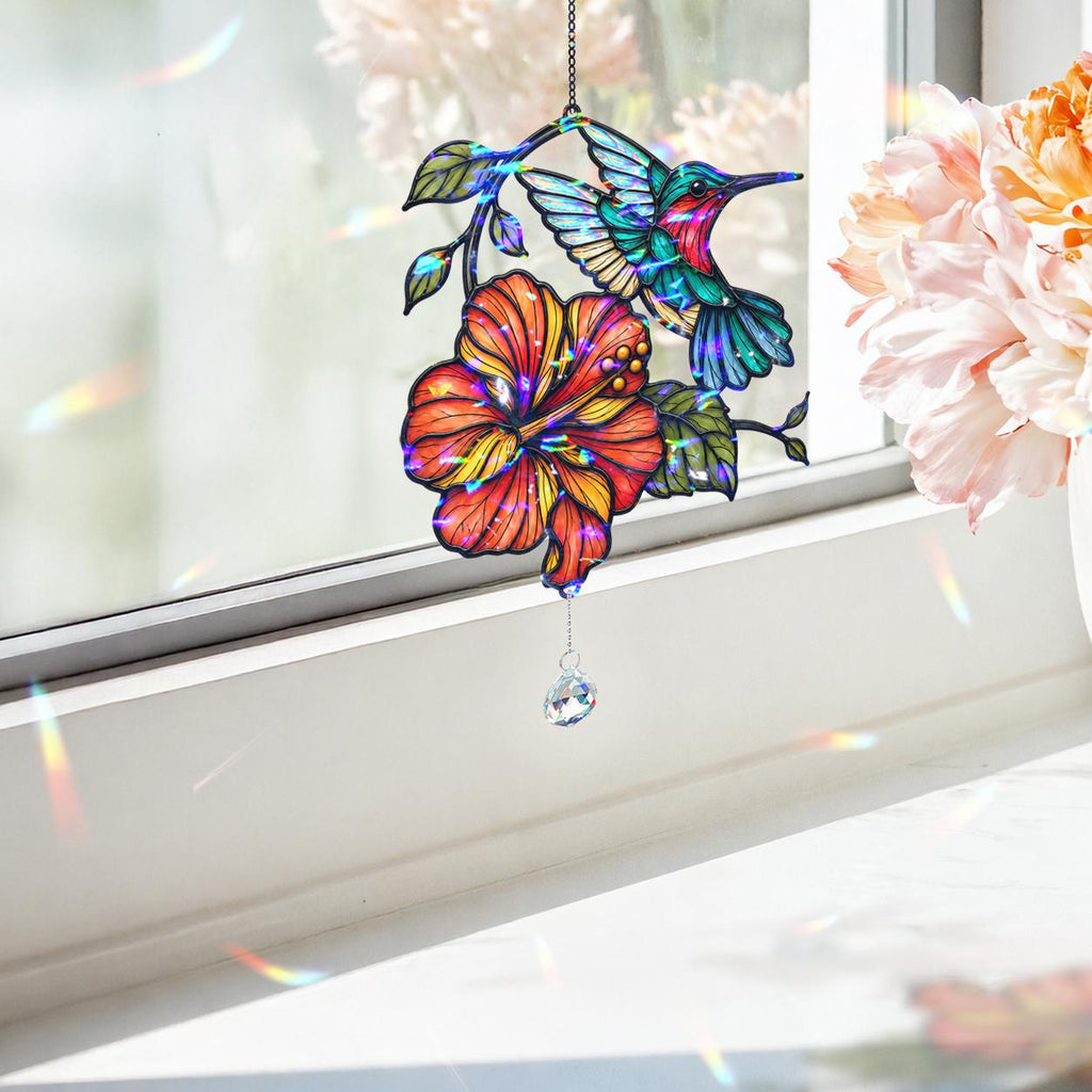 Hummingbird Blooming Vine Holographic Acrylic Suncatcher with Charm