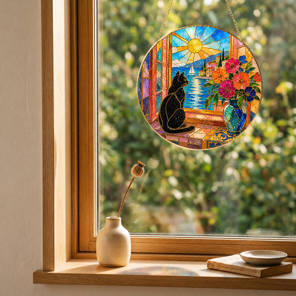 Black Cat & Seaside Window Stained Glass Suncatcher