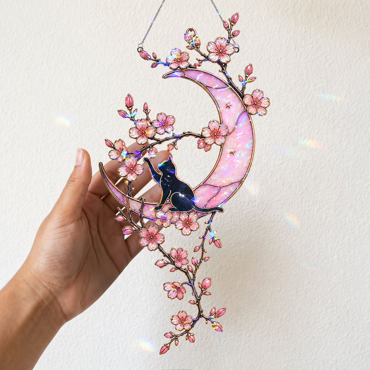 Black Cat & Cherry Blossom Moon Holographic Acrylic Suncatcher
