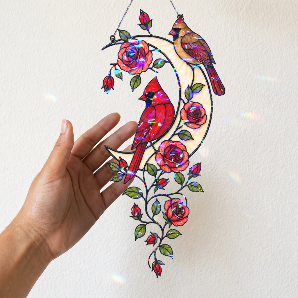 Cardinal Pair & Roses Crescent Moon Holographic Acrylic Suncatcher