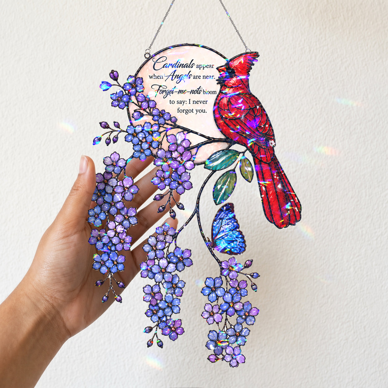 Cardinal & Forget-Me-Not Memorial Moon Holographic Acrylic Suncatcher