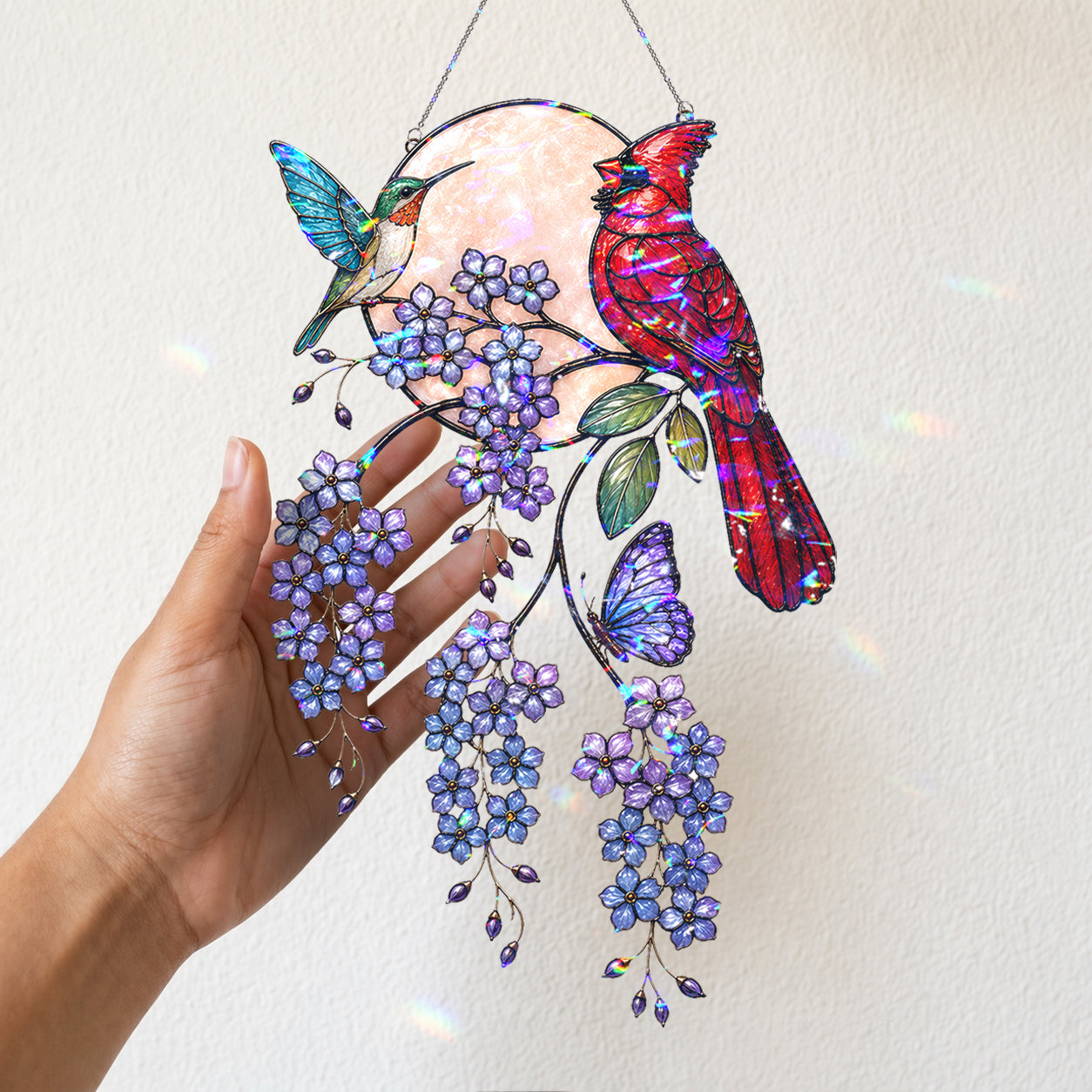 Cardinal & Hummingbird Forget-Me-Not Moon Holographic Acrylic Suncatcher