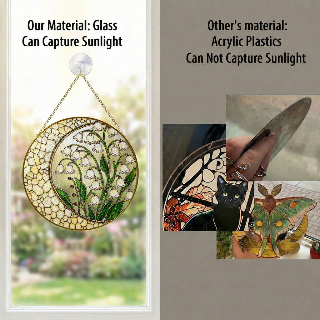 Lily of the Valley Stained Glass Suncatcher – Crescent Moon