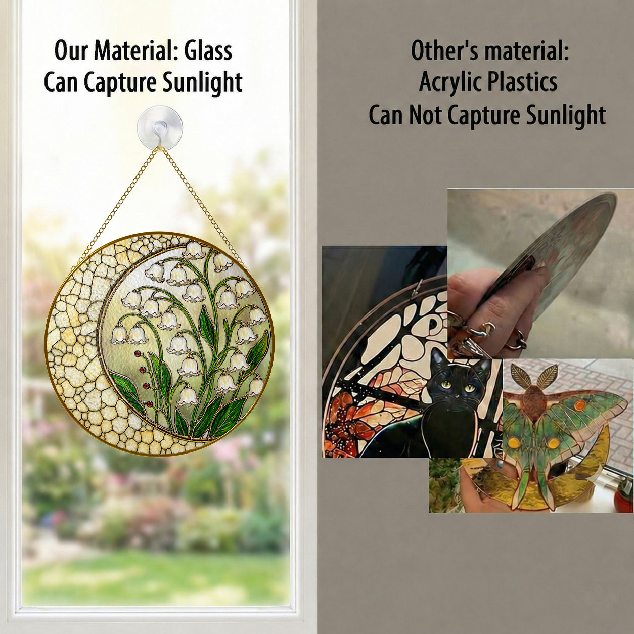 Lily of the Valley Stained Glass Suncatcher – Crescent Moon