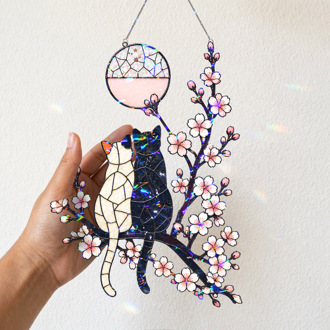 Cat Couple & Cherry Blossom Moon Holographic Acrylic Suncatcher
