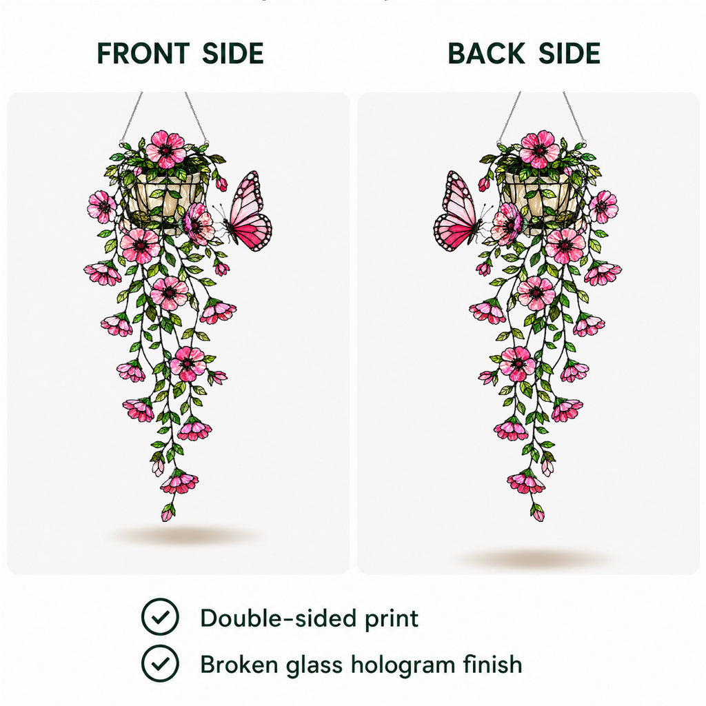 Pink Flower Basket & Butterfly Holographic Acrylic Suncatcher