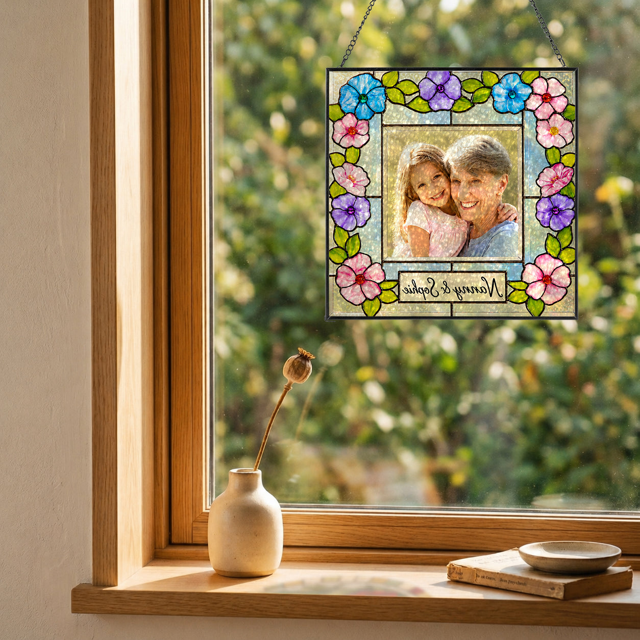 Personalized Photo Suncatcher – Custom Name Floral Frame Stained Glass Window Hanging