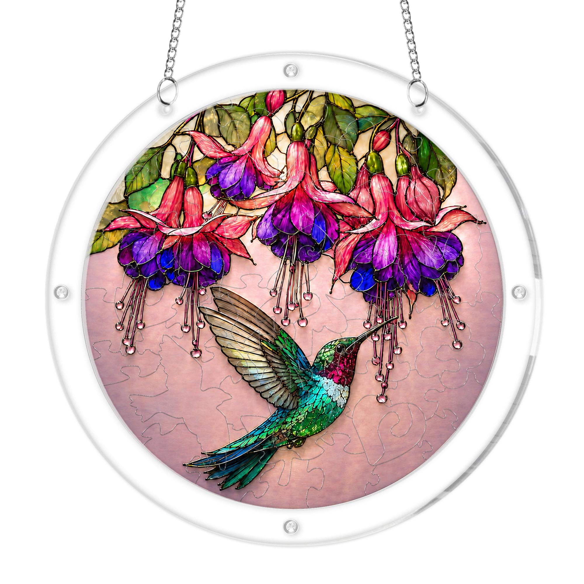 Hummingbird fuchsia puzzle suncatcher shown in two sizes for comparison