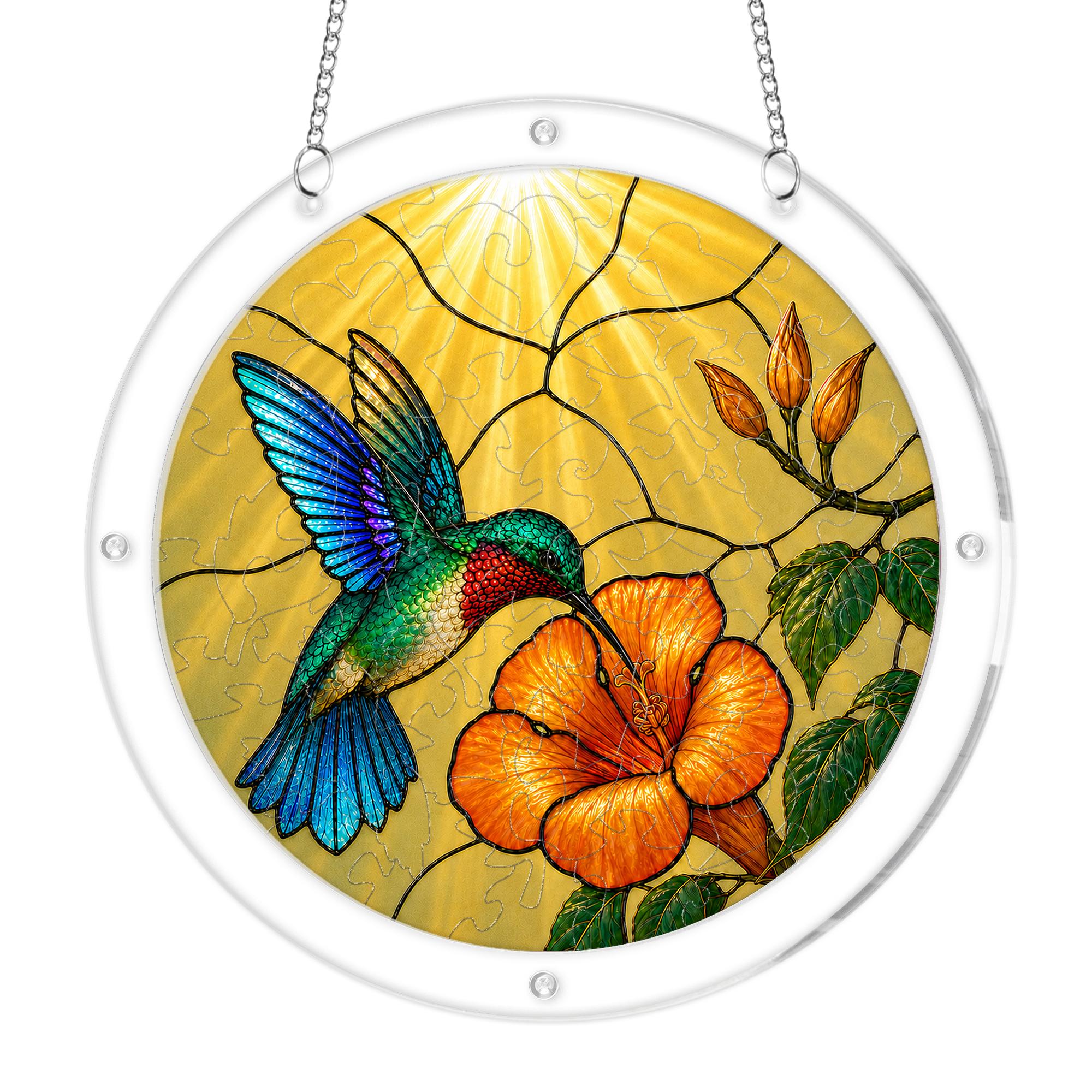 Hummingbird hibiscus puzzle suncatcher shown in two sizes for comparison