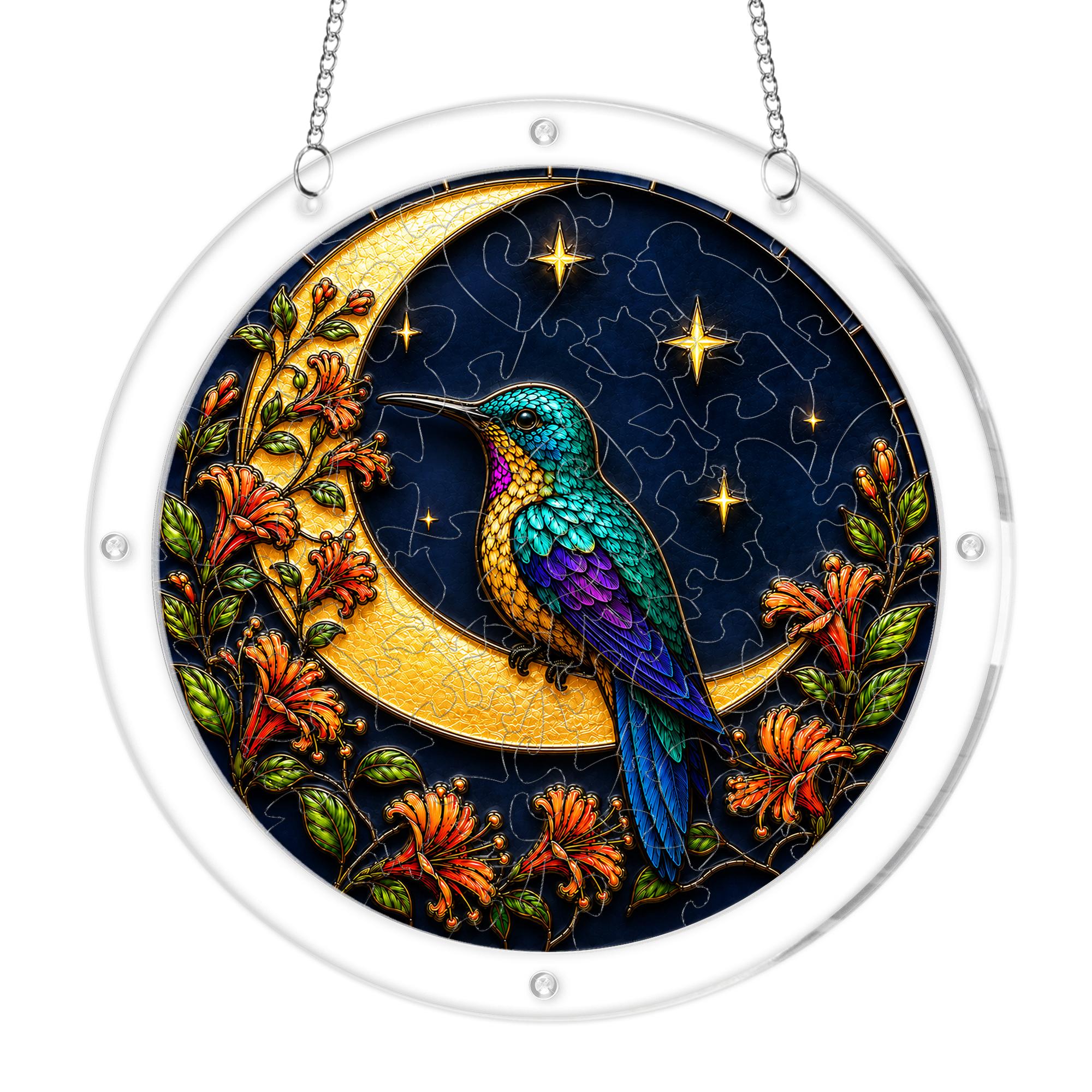 Hummingbird crescent-moon puzzle suncatcher shown in two sizes for comparison