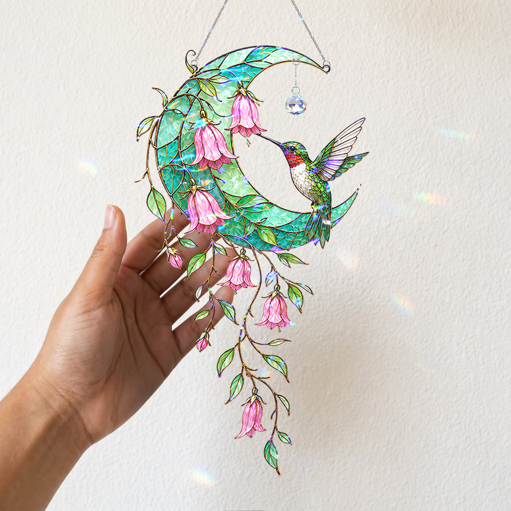 Hummingbird Teal Crescent Moon Holographic Acrylic Suncatcher with Crystal