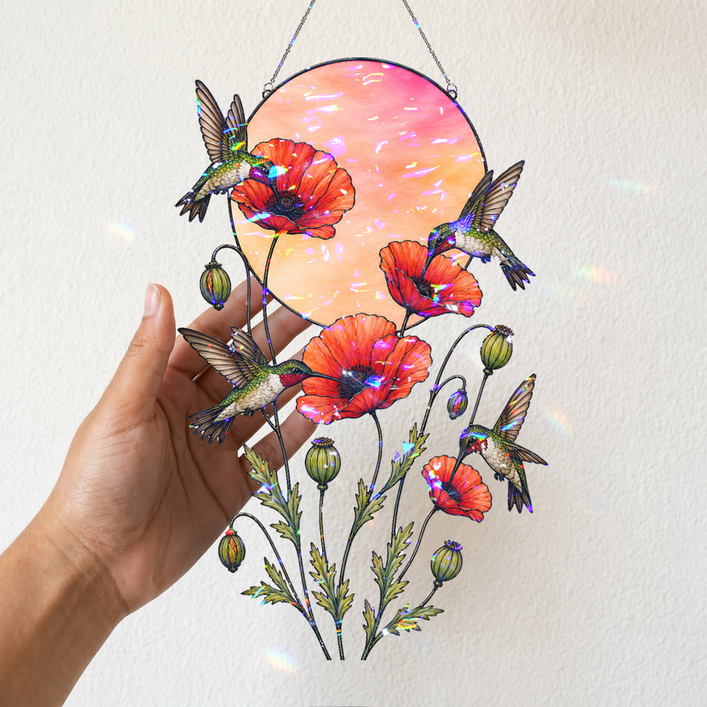 Hummingbirds & Red Poppy Sunset Moon Holographic Acrylic Suncatcher