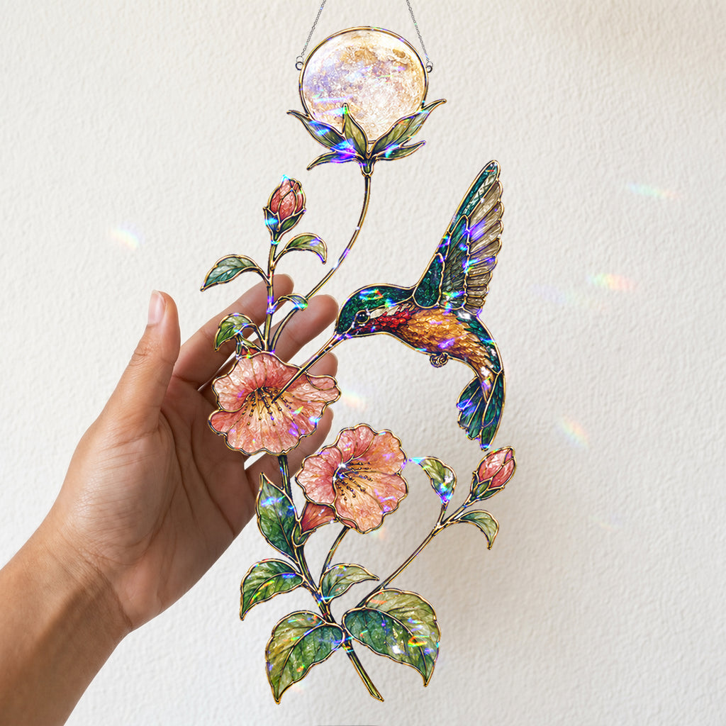 Hummingbird & Trumpet Flower Pearl Moon Holographic Acrylic Suncatcher