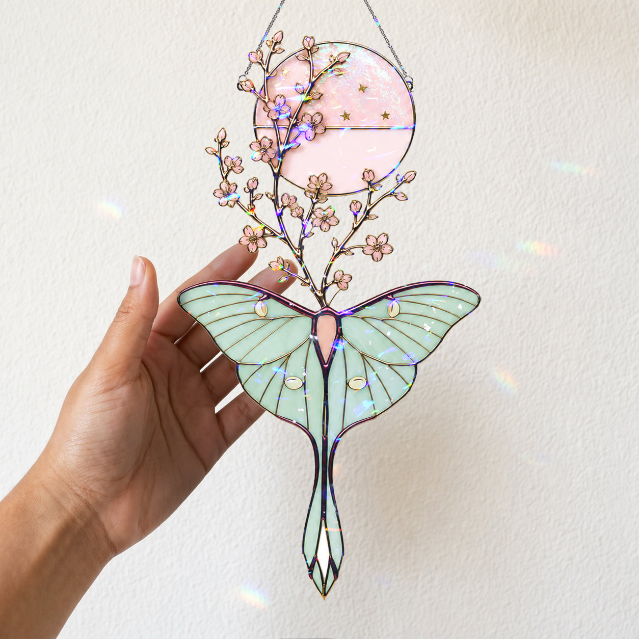 Luna Moth & Cherry Blossom Moon Holographic Acrylic Suncatcher