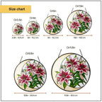 Pink lily suncatcher size chart with 3.5, 4, 6, 7.8, 9.8, and 11.8 inch options