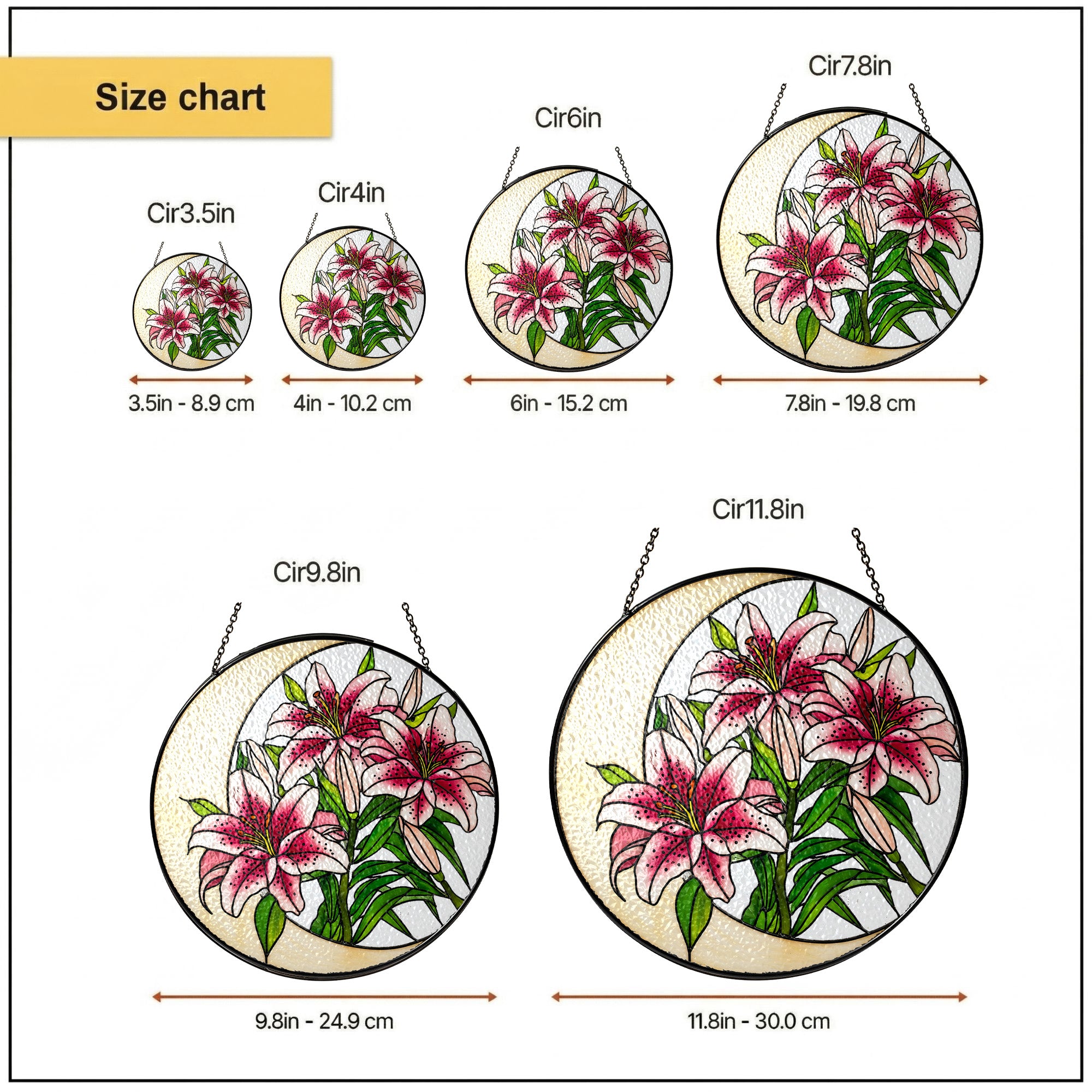 Pink lily suncatcher size chart with 3.5, 4, 6, 7.8, 9.8, and 11.8 inch options