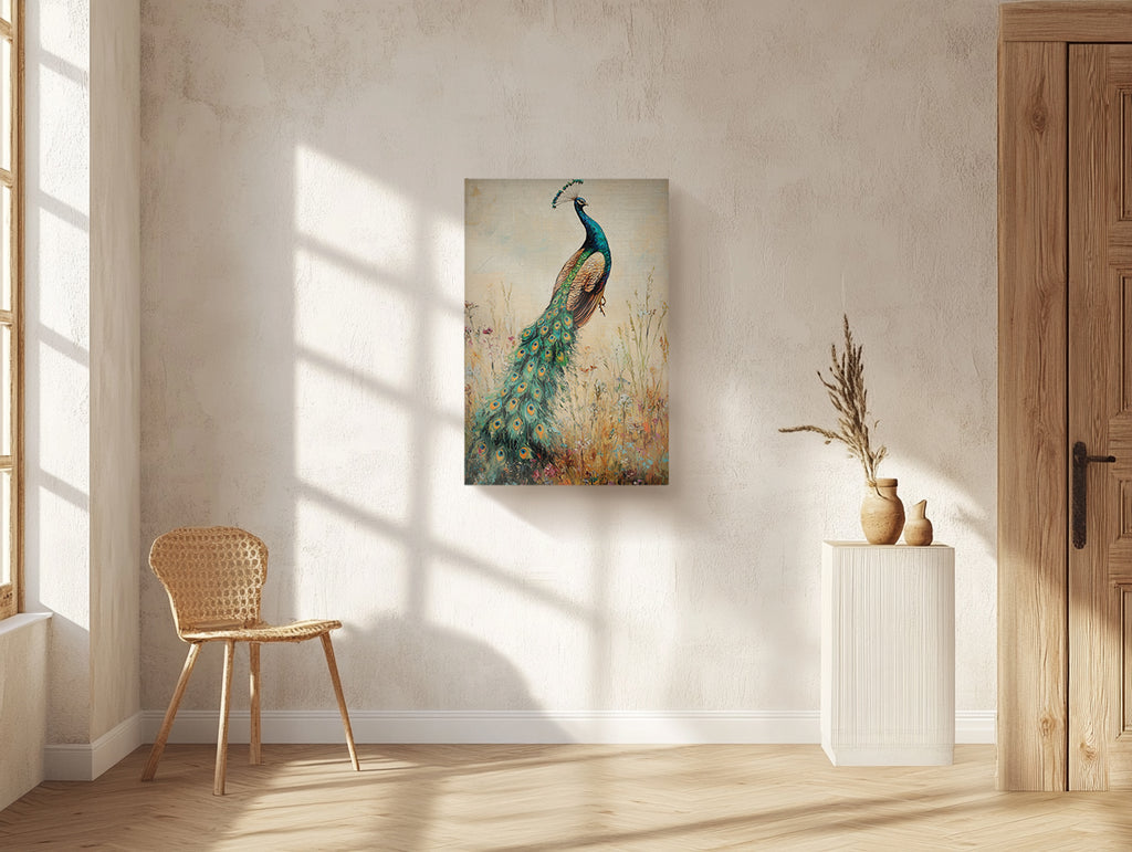 Peacock Canvas Wall Art Vintage Peacock Painting with Wildflowers