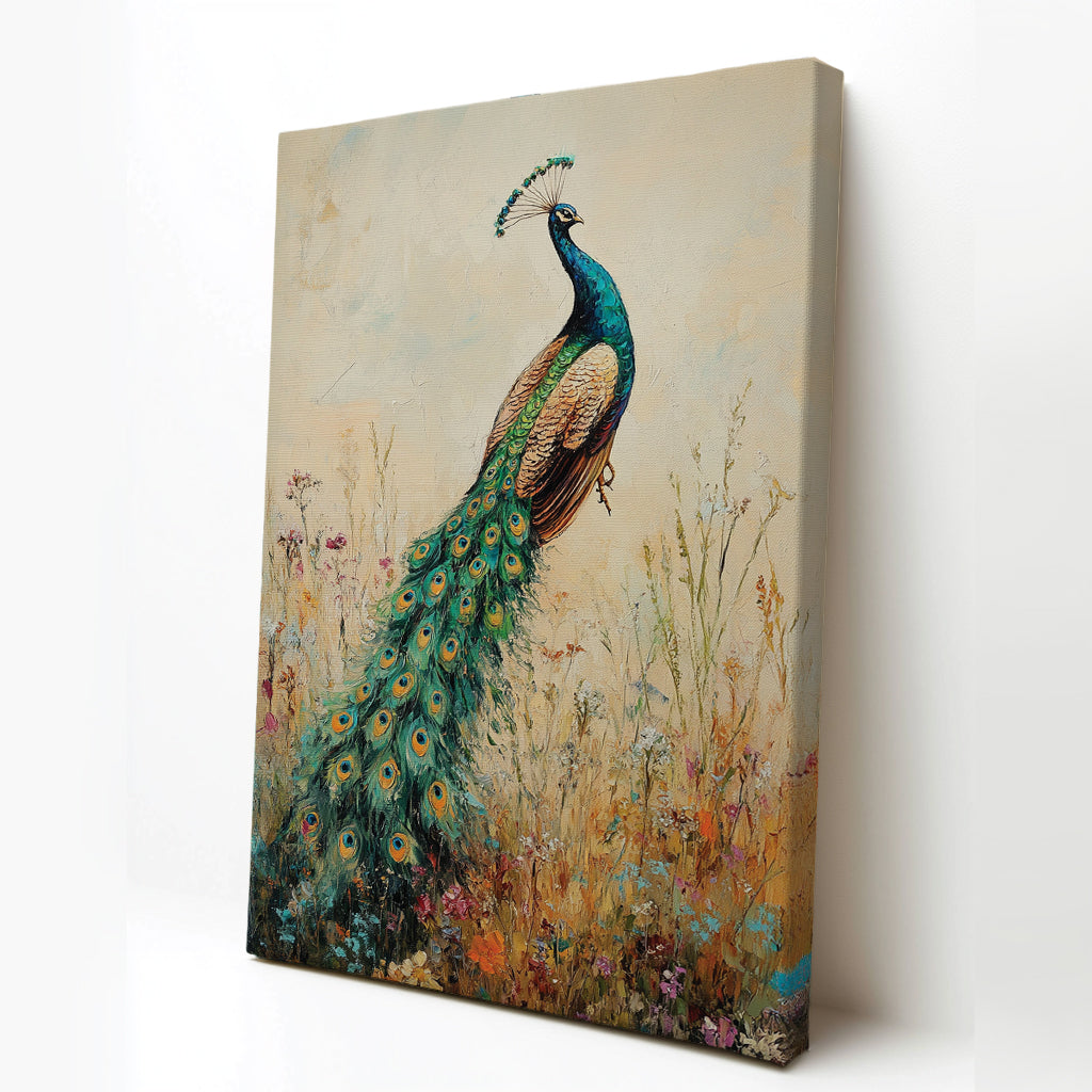 Peacock Canvas Wall Art Vintage Peacock Painting with Wildflowers
