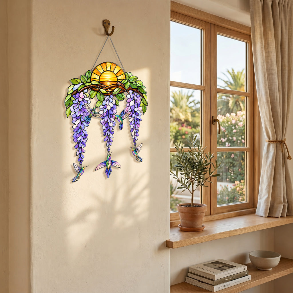 Stained Glass Hummingbird Suncatcher Window Hanging , Colorful Rainbow Window Decor