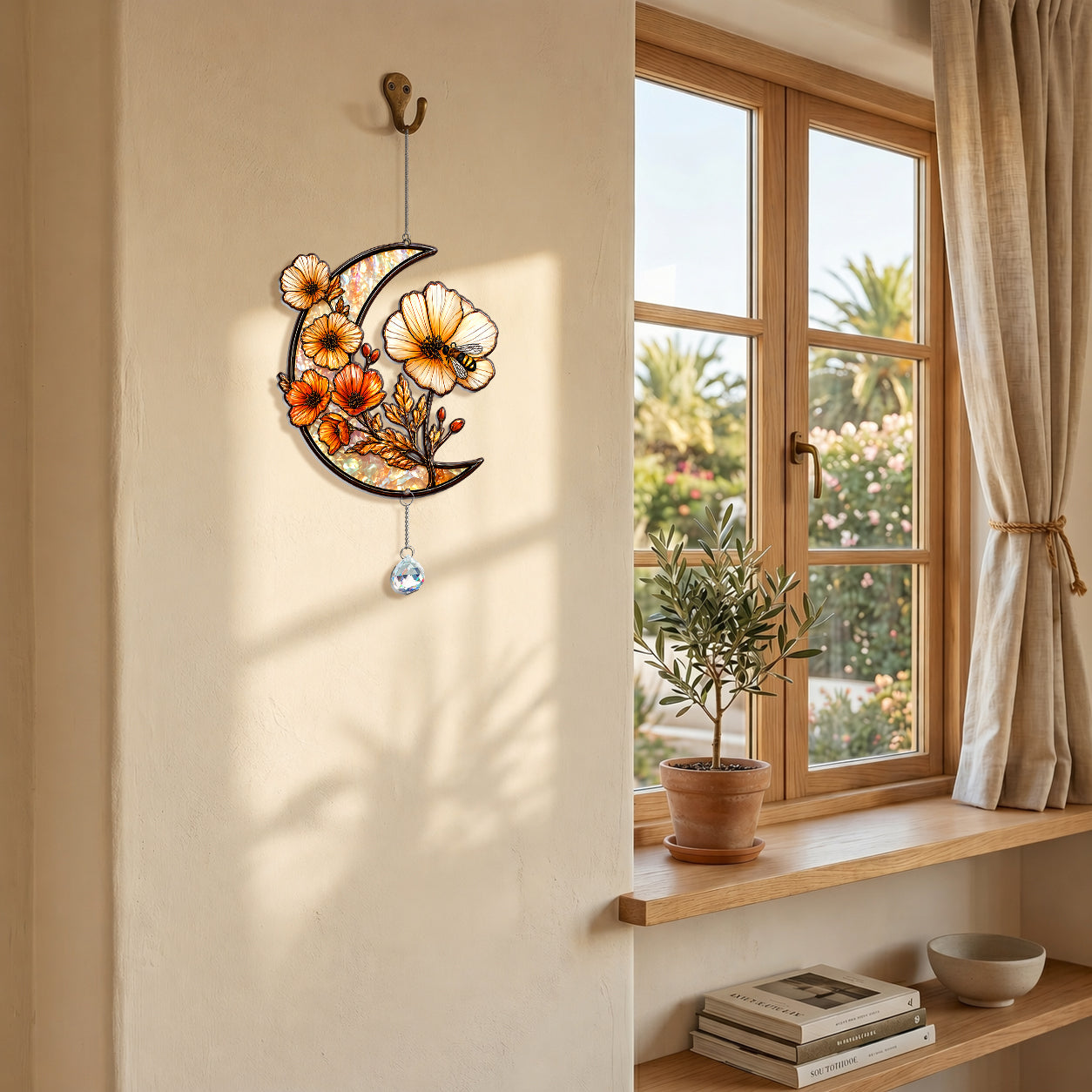 Crescent Moon Stained Glass Suncatcher with Flowers and Bee