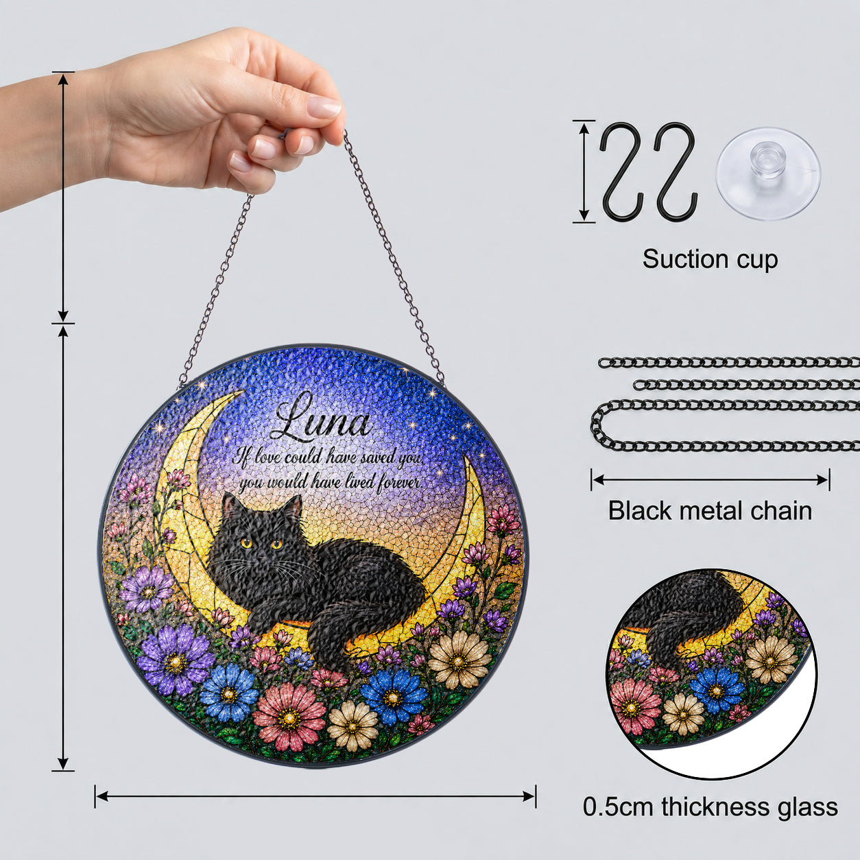 Personalized Cat Memorial Moon Stained Glass Suncatcher