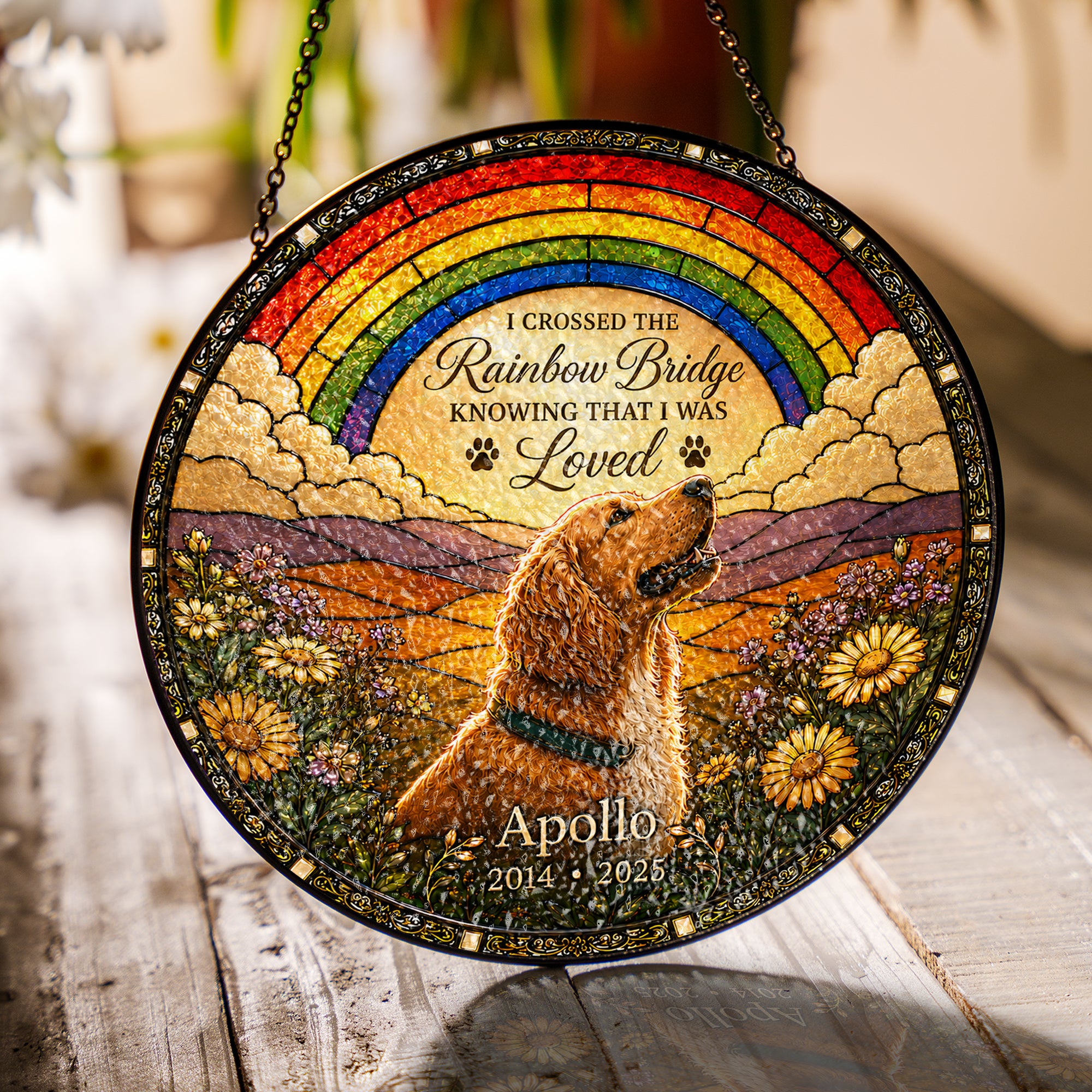 Personalized Rainbow Bridge Dog Memorial Stained Glass Suncatcher