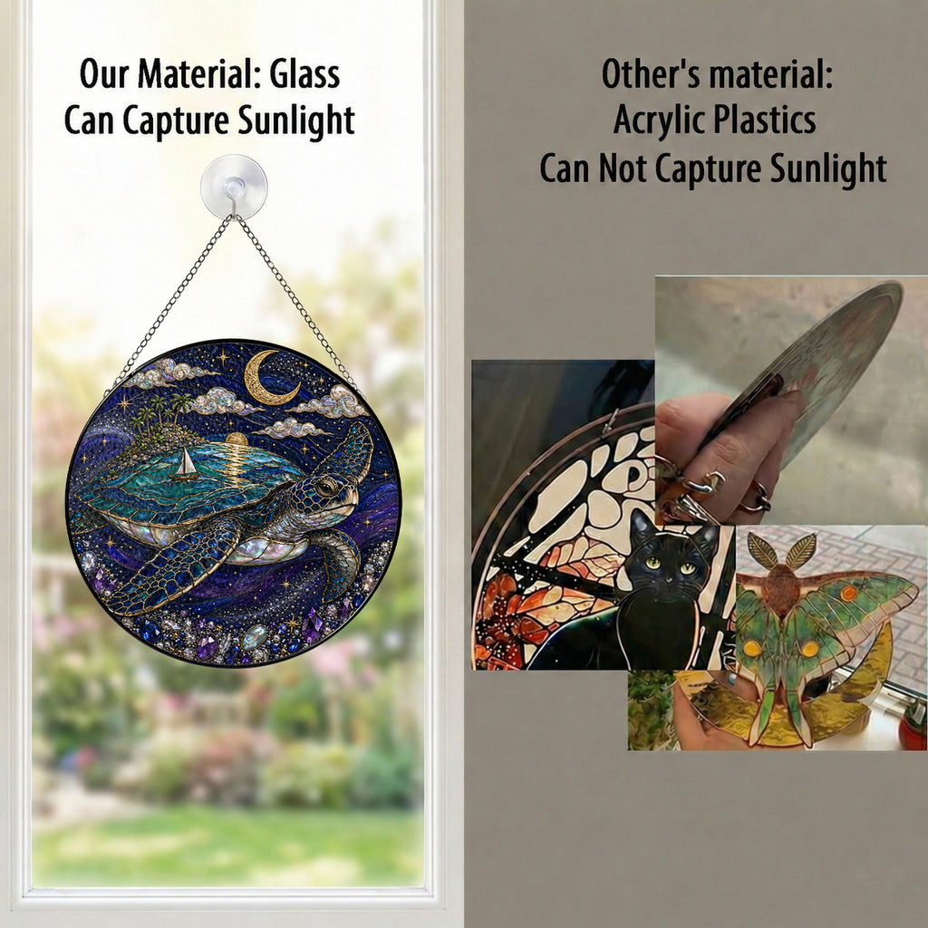 [PIXIWOO] Stained Glass Suncatcher Sea Turtle Window Hanging Decor, Ocean Turtle Island Acrylic Ornament, Moon Star Coastal Wall Art, Fantasy Beach House Sun Catcher Gift for Turtle Lovers