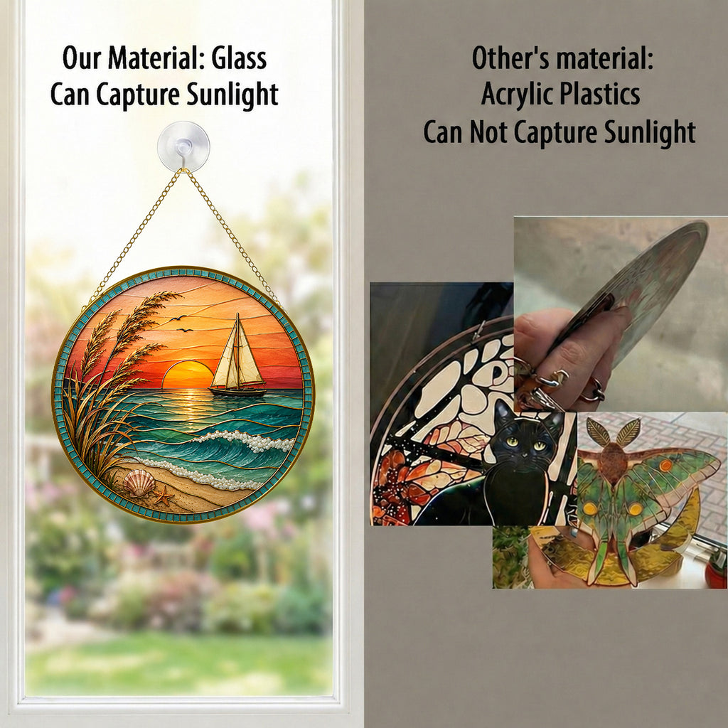[ PIXIWOO] Stained Glass Suncatcher Sunset Sailboat Window Hanging Decor, Ocean Beach Acrylic Ornament, Coastal Beach House Wall Art, Nautical Sea Waves Sun Catcher Gift for Ocean Lovers