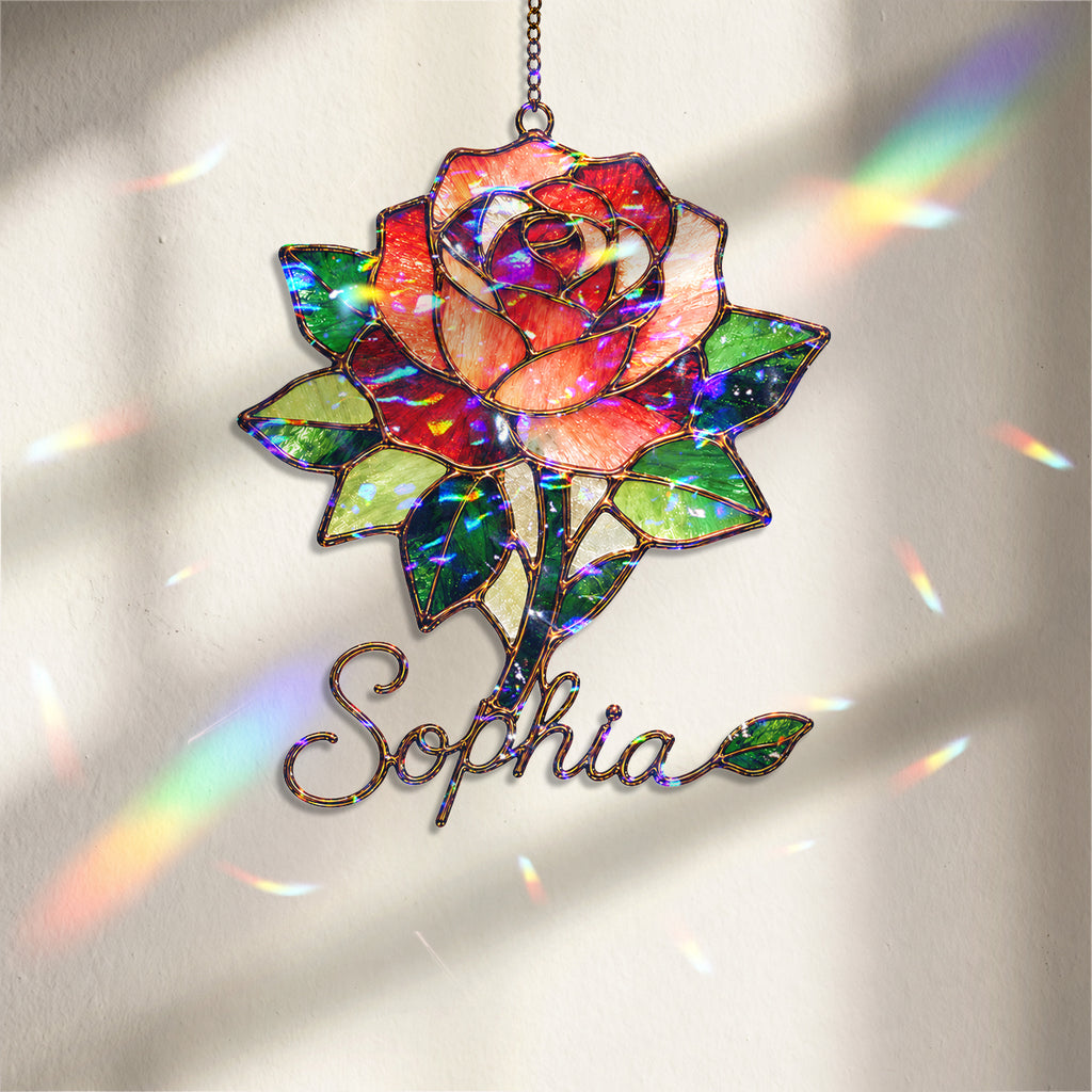 Personalized Red Rose Holographic Acrylic Suncatcher