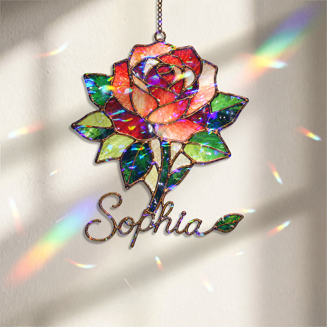 Personalized Red Rose Holographic Acrylic Suncatcher