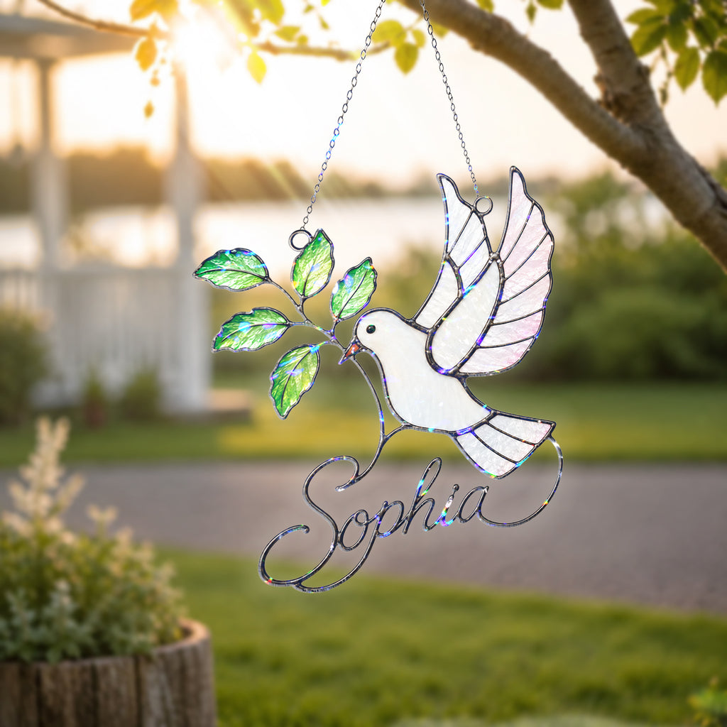 Personalized White Dove & Olive Branch Holographic Acrylic Suncatcher