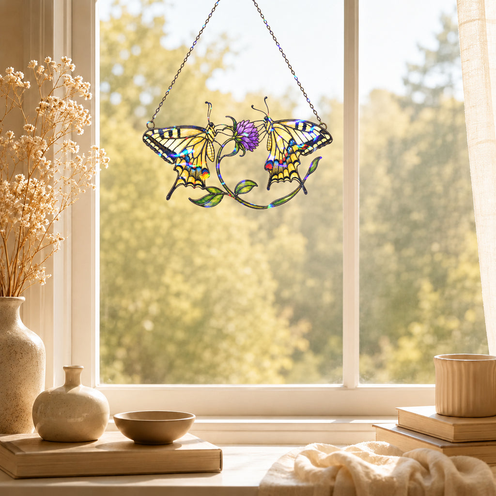 Twin Swallowtail Butterflies & Purple Clover Holographic Acrylic Suncatcher