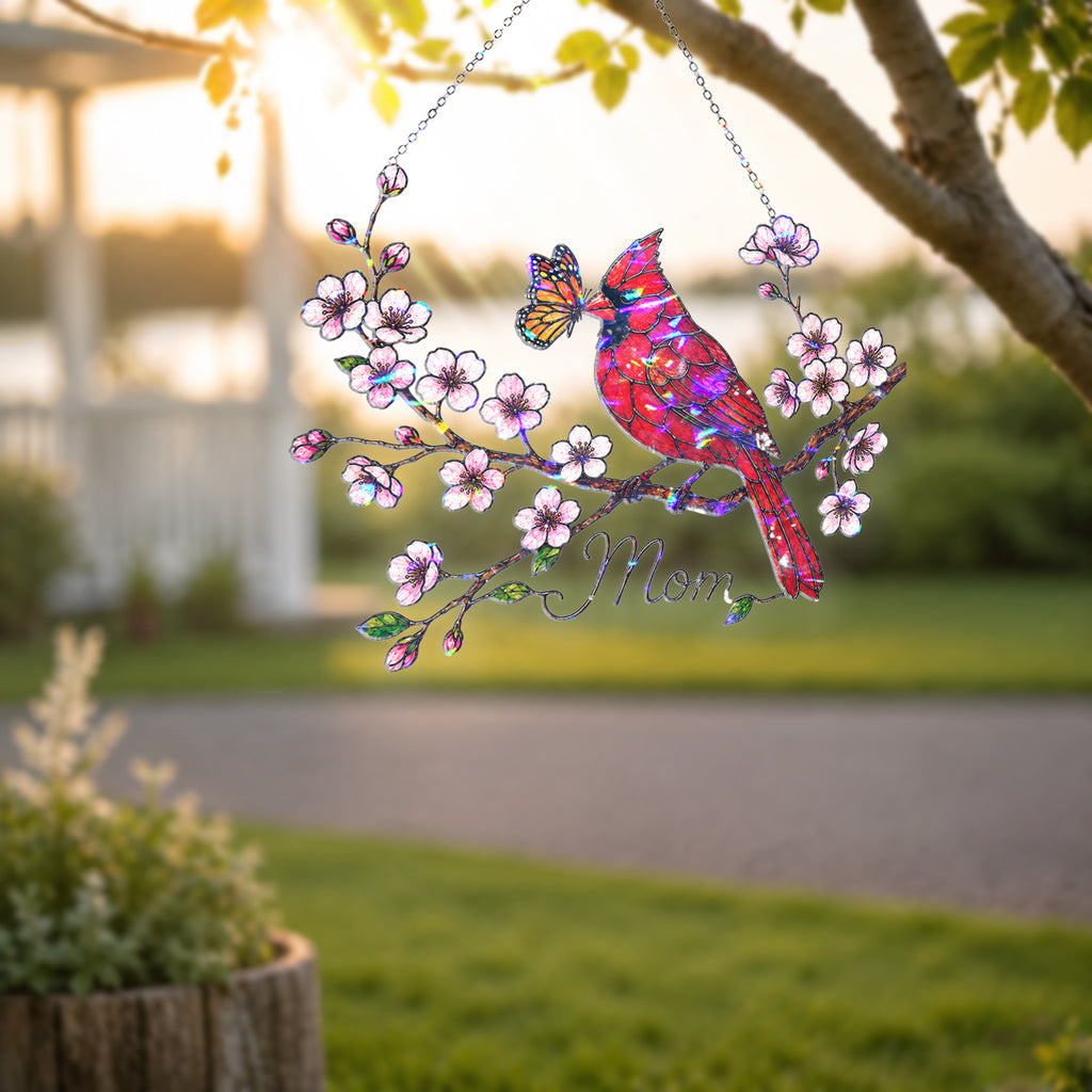 Personalized Cardinal & Cherry Blossom Holographic Acrylic Suncatcher