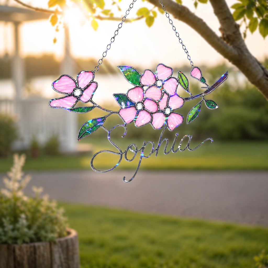 Personalized Pink Cherry Blossom Branch Holographic Acrylic Suncatcher