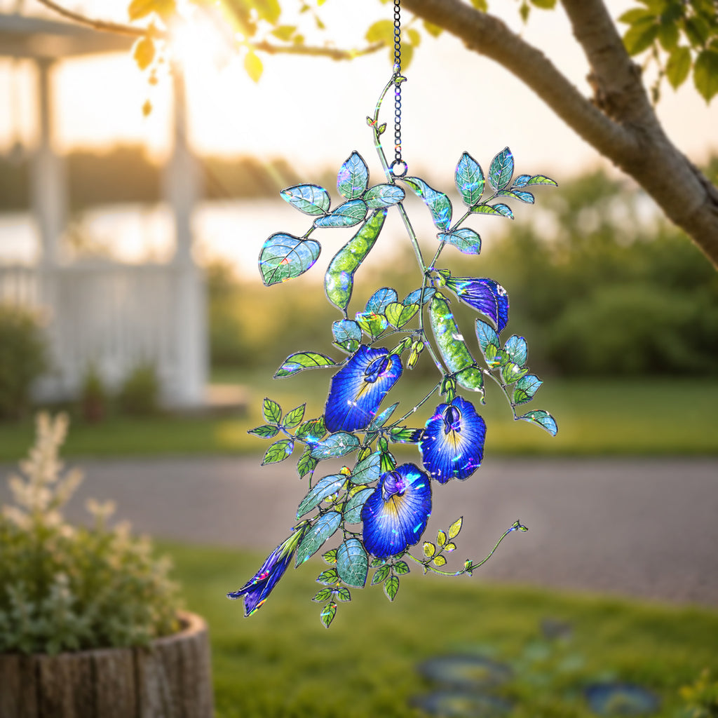 Blue Butterfly Pea Flower Vine Holographic Acrylic Suncatcher