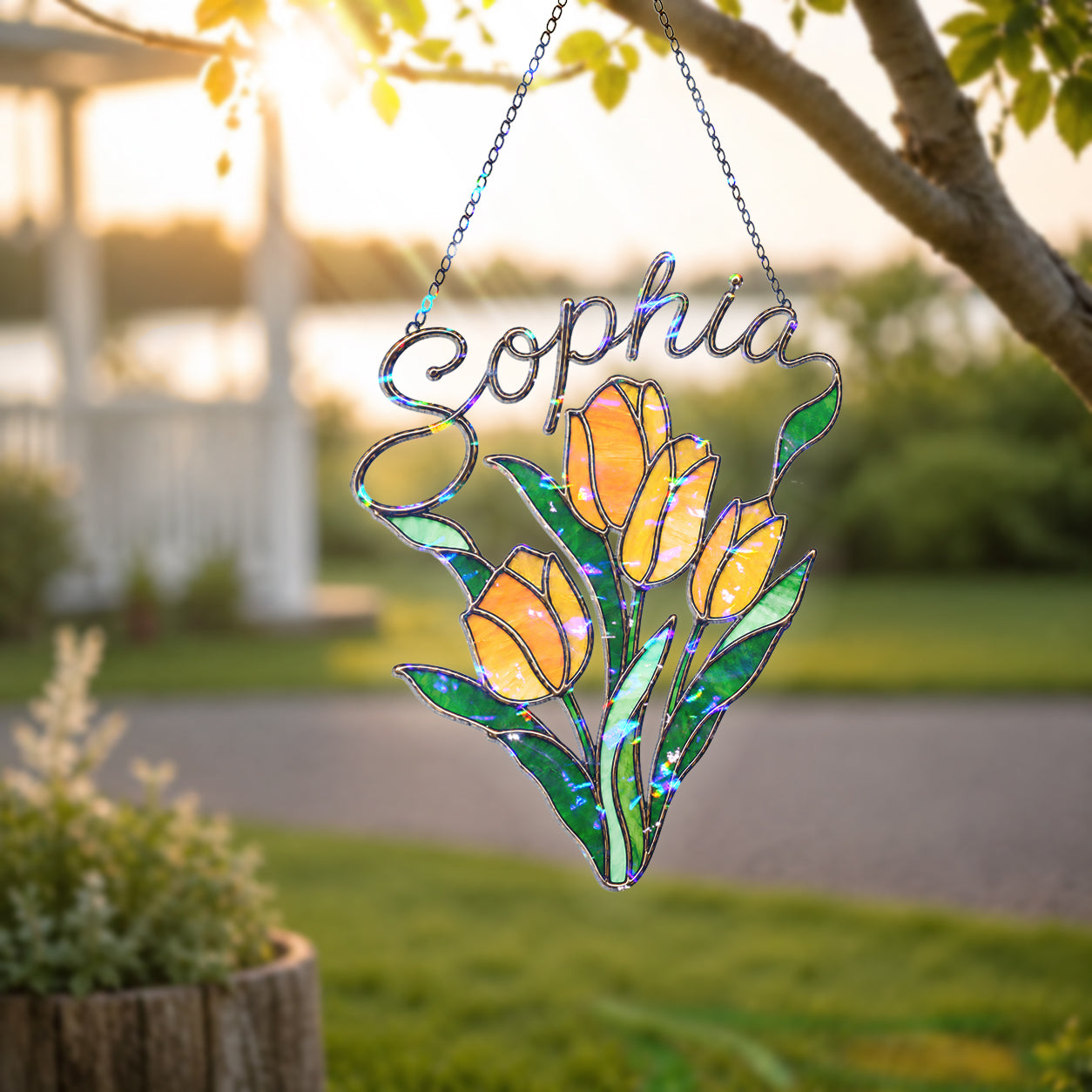 Personalized Yellow Tulip Bouquet Holographic Acrylic Suncatcher