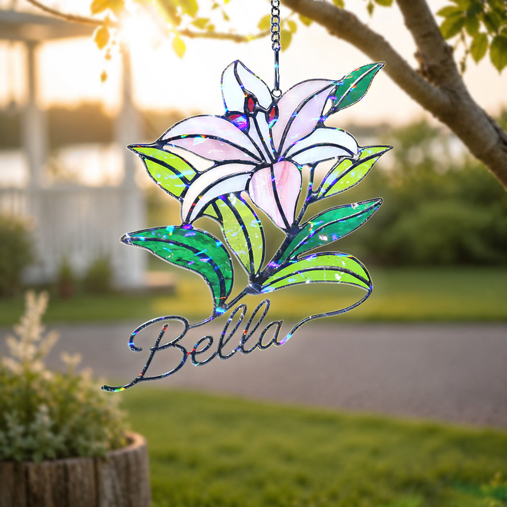 Personalized Pink Lily Flower Holographic Acrylic Suncatcher