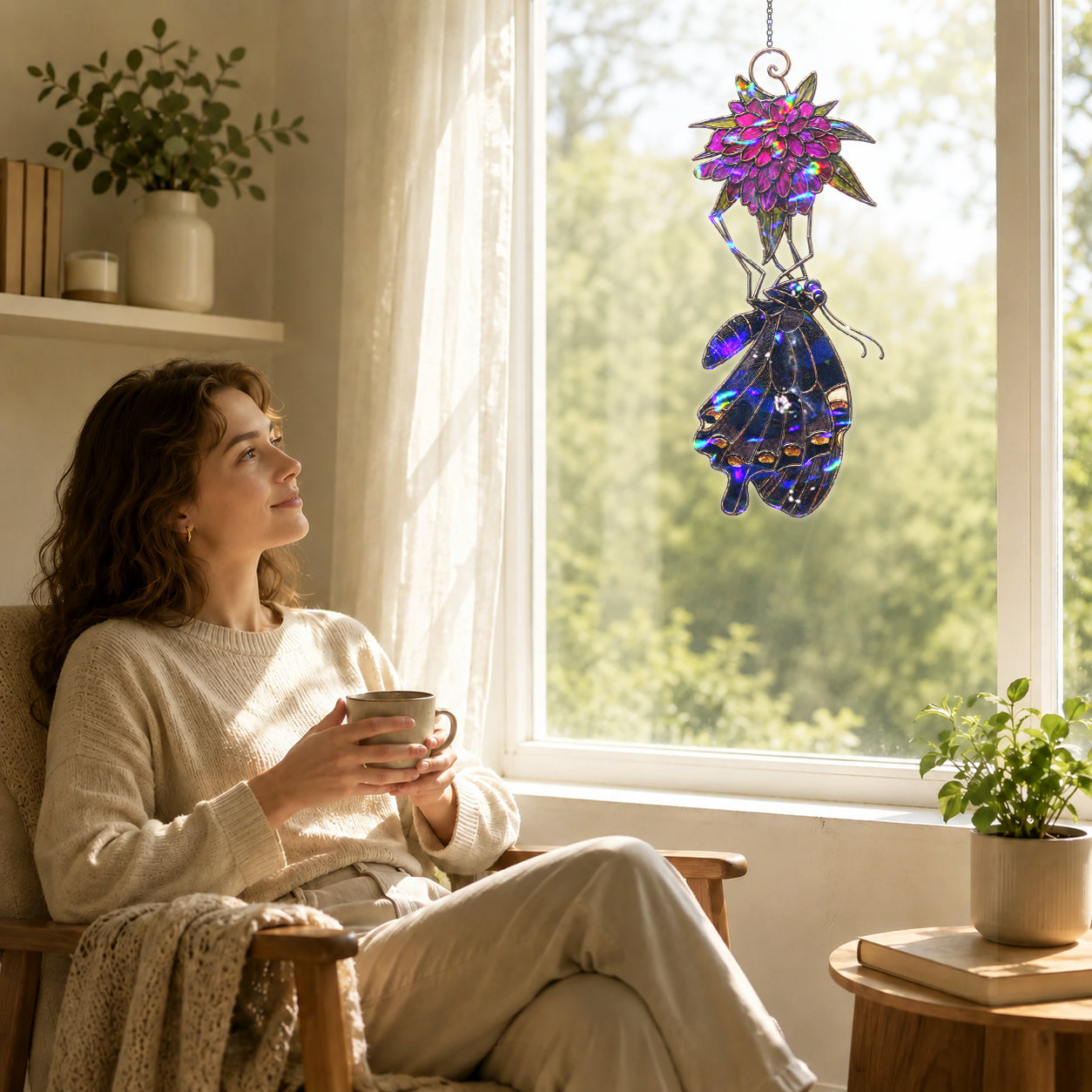 Black Swallowtail & Purple Dahlia Holographic Acrylic Suncatcher