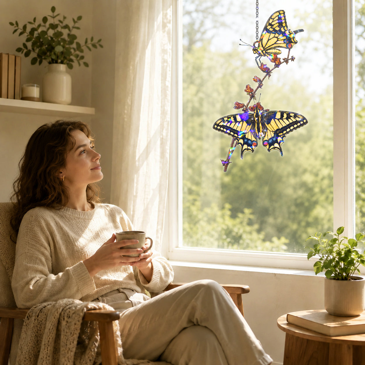 Two Swallowtail Butterflies on Blossom Branch Holographic Acrylic Suncatcher