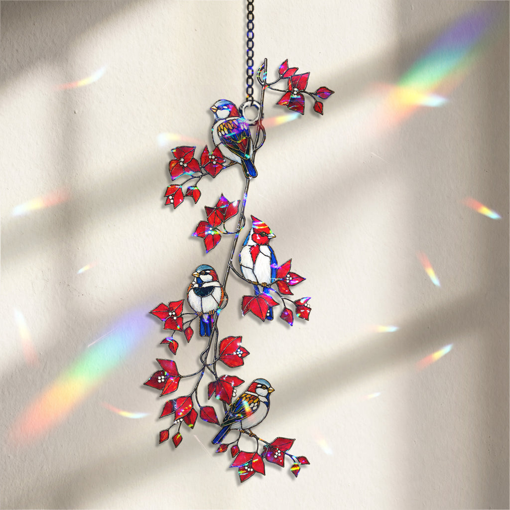 Sparrows & Cardinal on Red Leaf Vine Holographic Acrylic Suncatcher