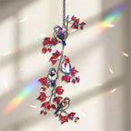 Sparrows & Cardinal on Red Leaf Vine Holographic Acrylic Suncatcher
