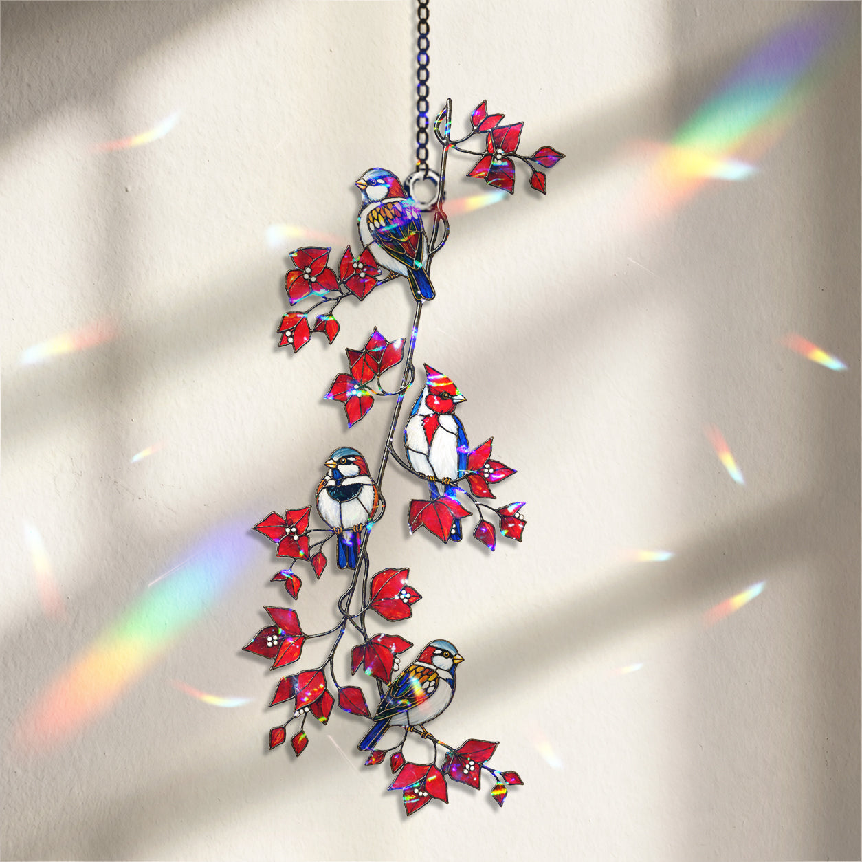 Sparrows & Cardinal on Red Leaf Vine Holographic Acrylic Suncatcher