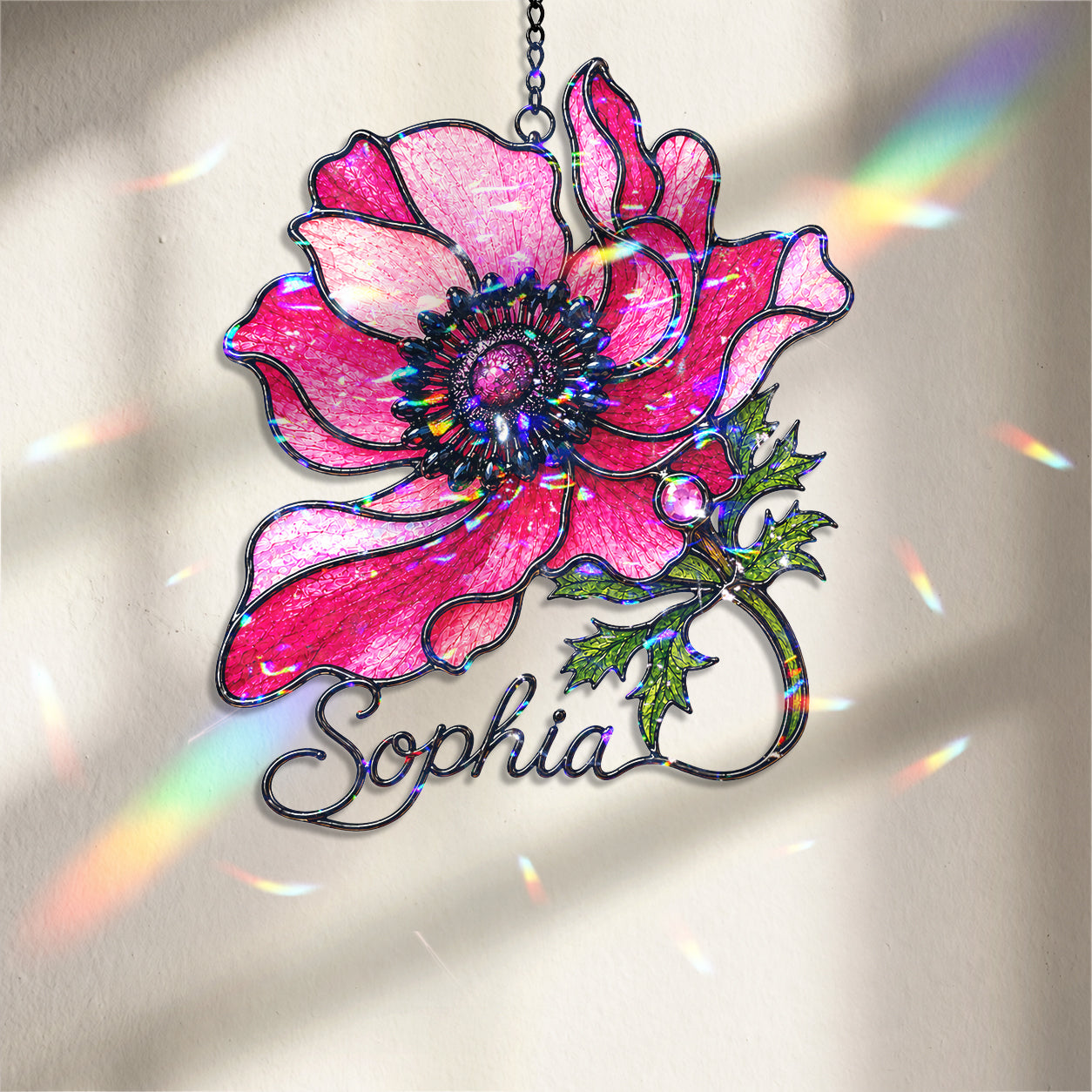 Personalized Pink Anemone Flower Holographic Acrylic Suncatcher