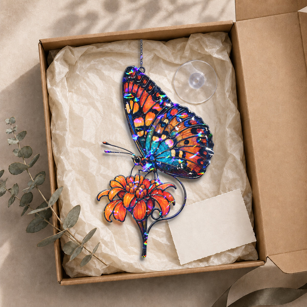 Orange & Blue Butterfly with Marigold Holographic Acrylic Suncatcher
