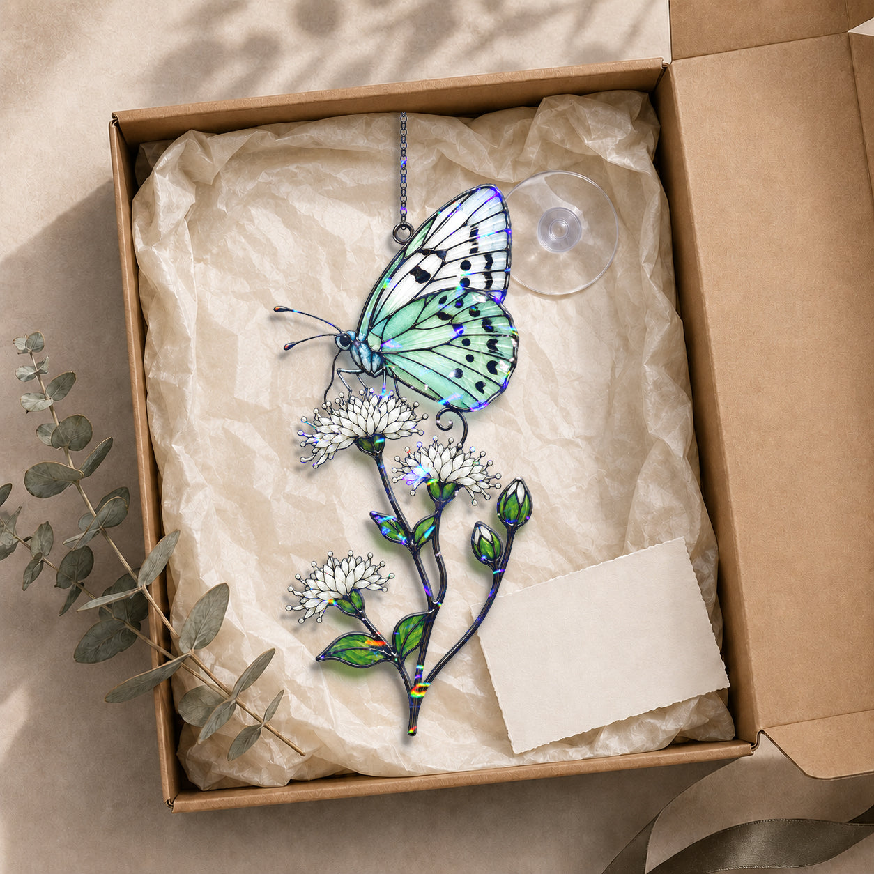 Mint Butterfly & White Blossom Holographic Acrylic Suncatcher