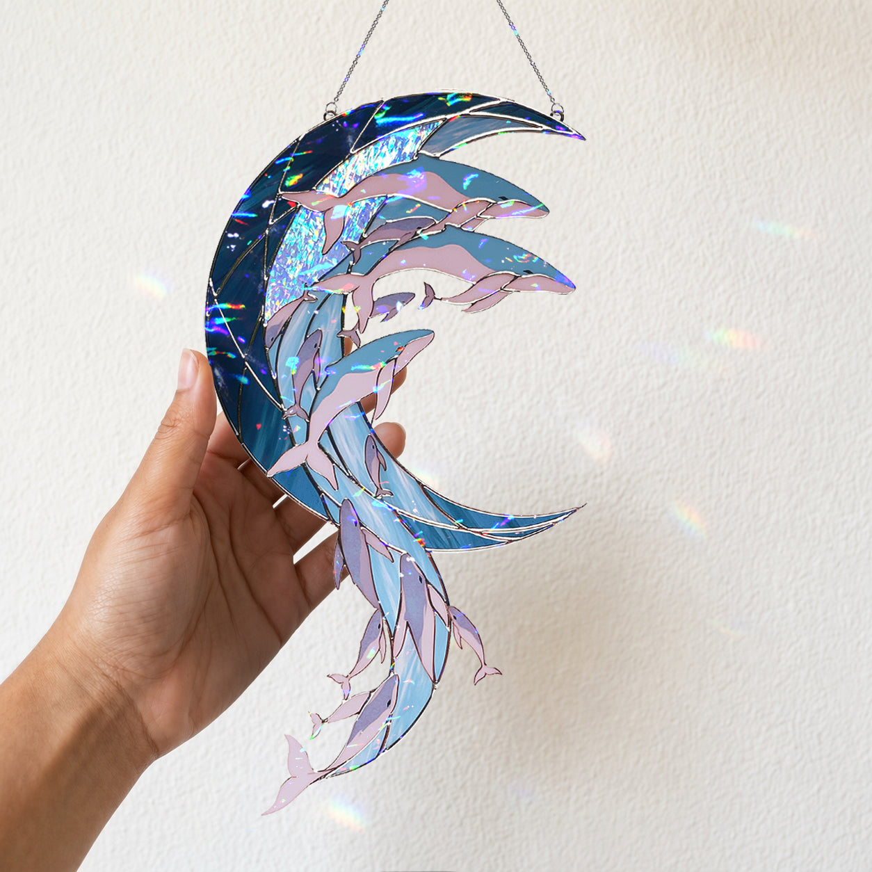 Whale Pod Crescent Moon Holographic Acrylic Suncatcher