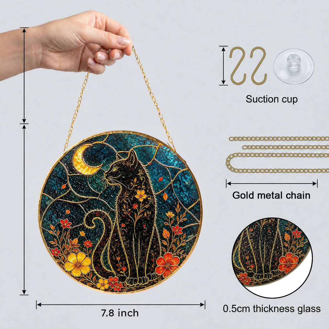 Black cat crescent moon stained glass suncatcher hanging in a sunlit window