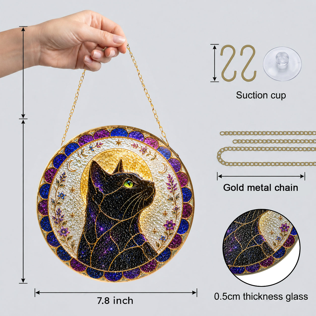 Mystical cat moon mandala stained glass suncatcher hanging in a sunlit window