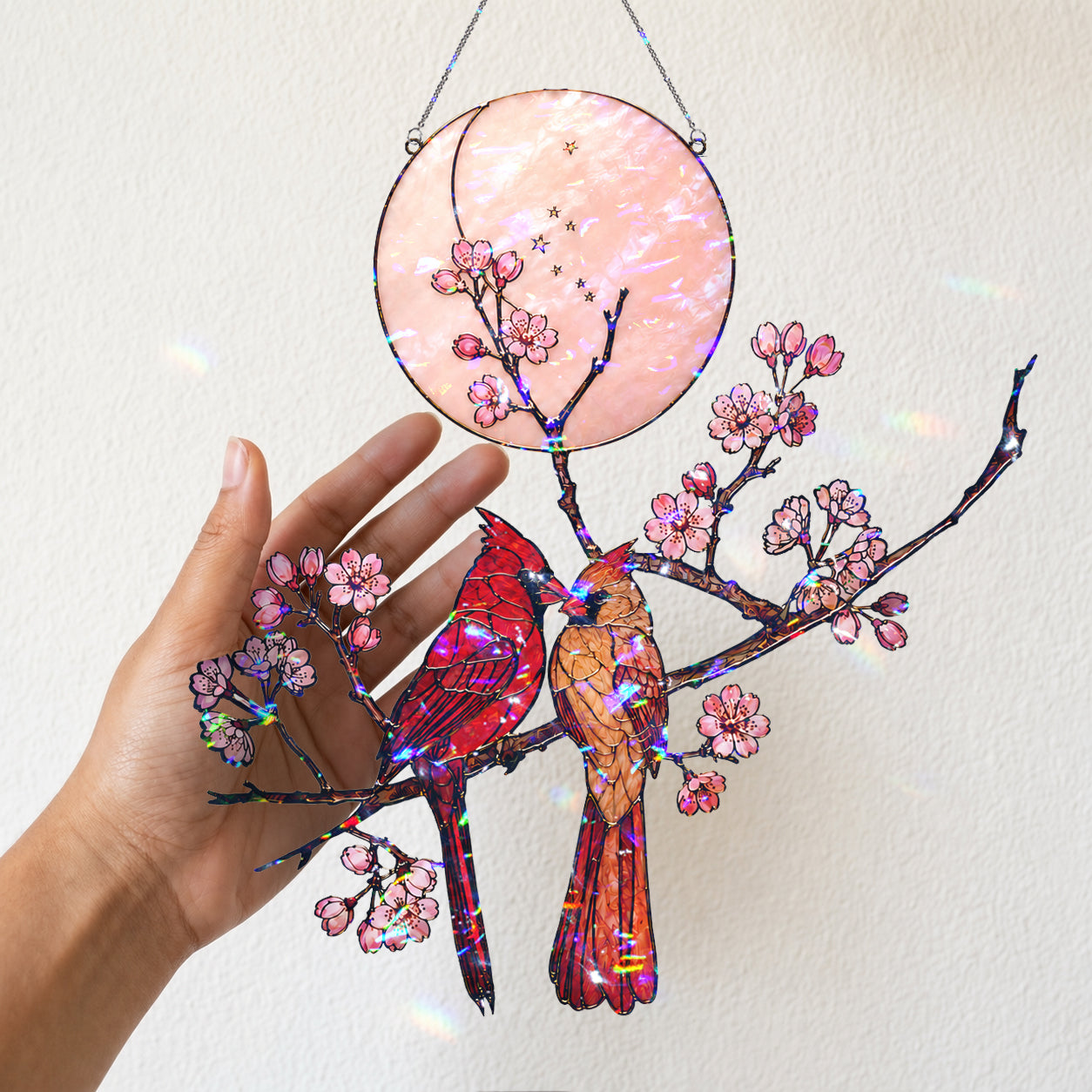 Cardinal Couple & Cherry Blossom Moon Holographic Acrylic Suncatcher